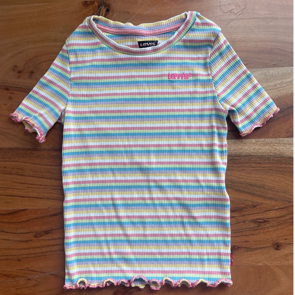 Levis Kids Girls Pastel Rainbow Striped Ribbed Knit Lettuce Trim T-Shirt Size M